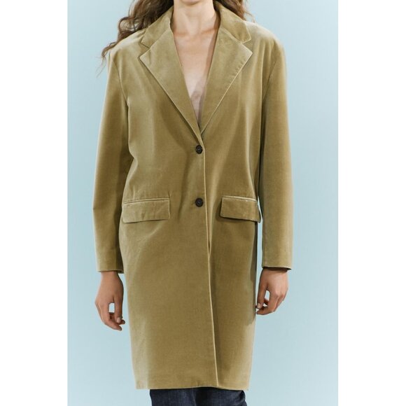 NWOT Zara light green khaki velvet-like oversized mid-length coat, XS - Picture 4 of 13